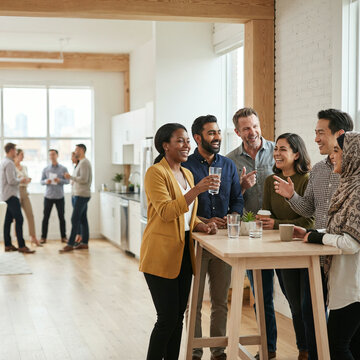 Colleagues laughing around a wooden table in a loft style city office space