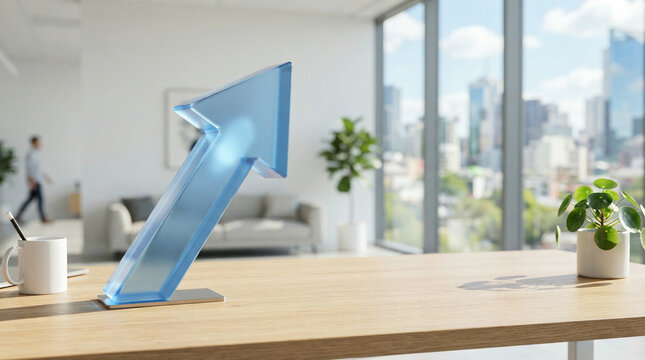 Blue translucent arrow sculpture on a wooden desk in a modern bright office