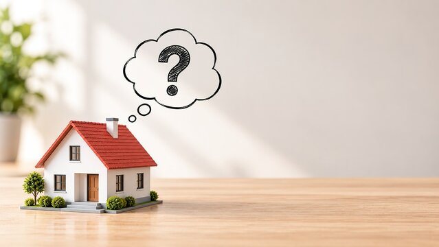 Miniature house with a question mark thought bubble representing uncertainty about buying a home, real estate decisions, property choices and first time homebuyer planning.