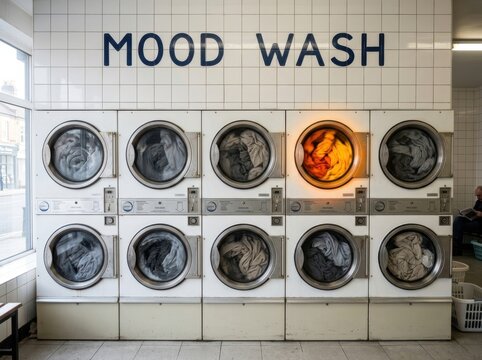 Self Service Laundry With Glowing Washer Row