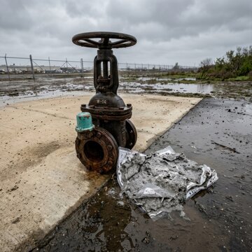 Flooded gate valve with storm damage in an industrial site