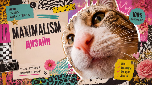 A poster in the style of maximalism. A bright creative presentation slide in the maximalism style with a close-up of a cat, a floral and leopard collage, a retro camera and expressive typography