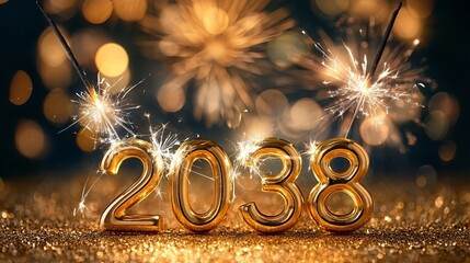 Naklejka premium Golden Metallic Numbers 2038 Celebrating The New Year with Festive Bright Fireworks and Bokeh Glow