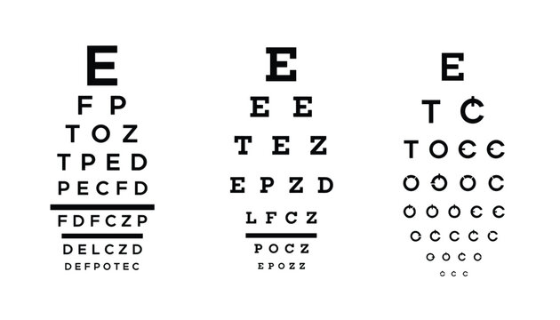 Three different eye examination charts side by side for vision testing and optometry diagnosis on white background.