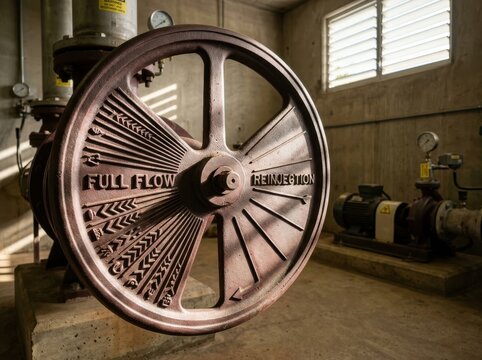 Industrial pump wheel in a moody maintenance room