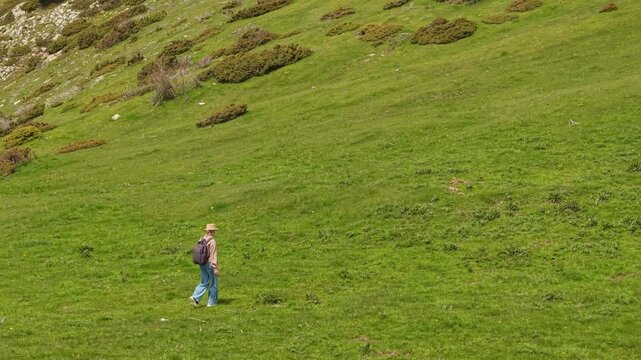 Hiker Walking Across Grassy Pyrenees Mountain Slope in Catalonia