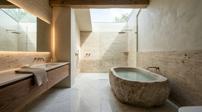 Luxury spa bathroom with stone tub, skylight, and wooden vanity