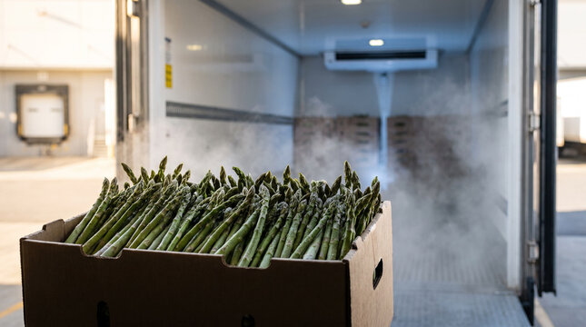 Fresh Asparagus in Cardboard Crate Inside Refrigerated Truck at Loading Dock