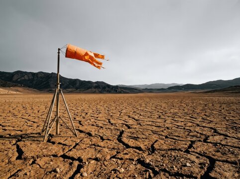 Dry lakebed with warning flag in cracked drought landscape