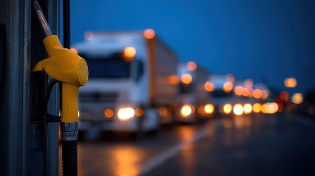 bright yellow diesel fuel nozzle in extreme foreground, long line of heavy trucks waiting at a fuel station stretching into the distance, cool dark