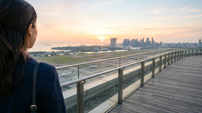 Woman on a wooden observation deck watching planes and a distant skyline