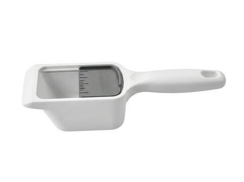 White kitchen measuring scoop with gray insert isolated on transparent background for baking and food preparation measurement tools
