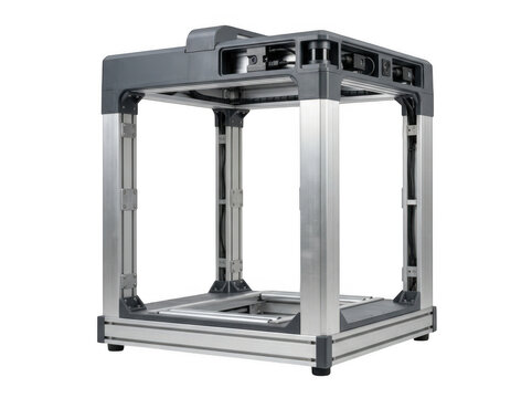 Modular aluminum framing cube structure isolated on transparent background for 3D printing and industrial prototyping workstations