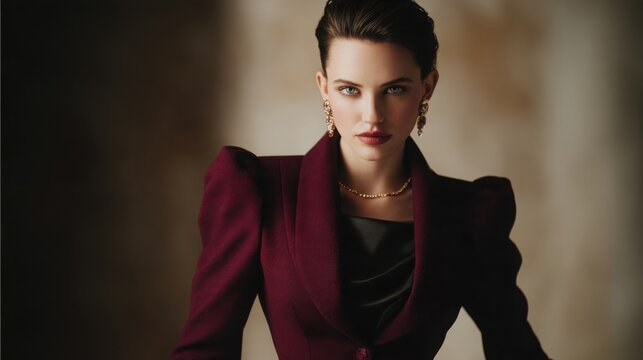 close up luxury fashion portrait of a sophisticated woman wearing a deep burgundy peplum jacket with pronounced shoulders and a sculpted waist