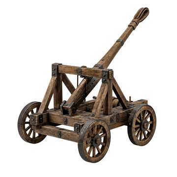 Medieval wooden catapult siege engine with iron reinforcements isolated on transparent background PNG element
