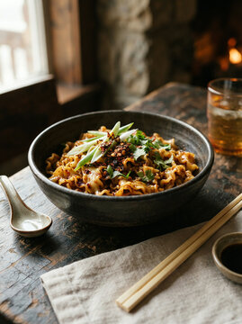 Bowl of saucy noodles with spring onion and chilli flakes on dark weathered wood