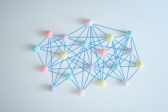 Business concept for network structure with connected people, overcoming communication breakdown, showing teamwork,collaboration, stakeholder mapping, social graph and business communication on white 