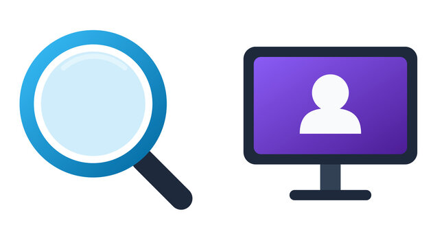 Magnifying glass and computer monitor with user avatar icon for digital research.