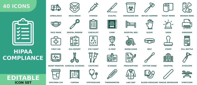 Set of 40 medical and healthcare icons for hipaa compliance, featuring essential clinical equipment, diagnostic tools, and administrative symbols in a clean line art style