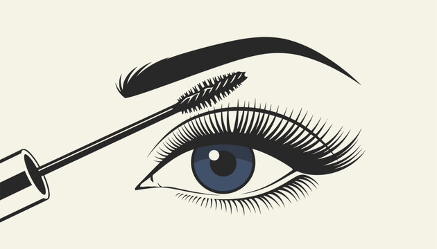 Retro pop art close up illustration of a blue female eye receiving long dark mascara with a brush wand applicator.