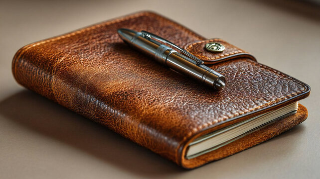 Brown leather notebook with a silver pen resting on top. Generated by AI.