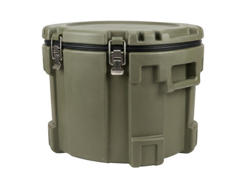 Heavy duty green circular plastic container with locking metal latches isolated on transparent background for rugged storage needs