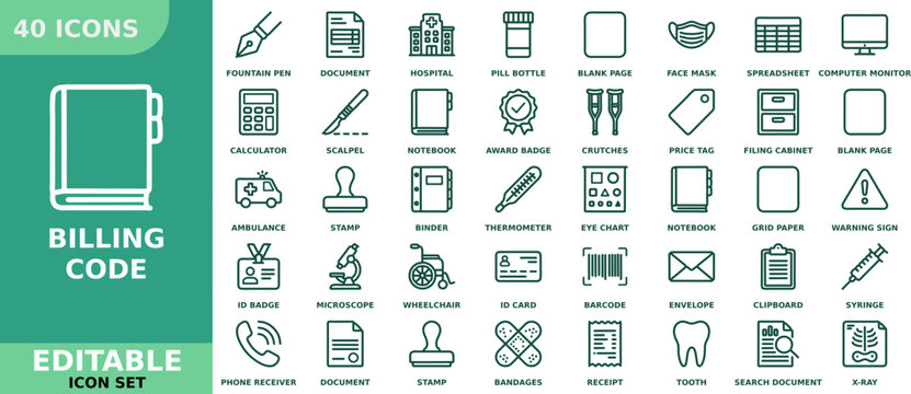 Set of 40 billing code flat line icons, including fountain pen, calculator, ambulance, id badge, notebook, stamp, microscope, binder, envelope, clipboard, syringe, receipt, tooth, xray