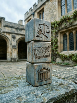 Three etched wooden blocks stacked on a stone ledge by an arched building