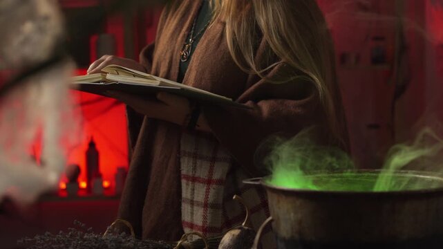A realistic witch brewing a potion. She looks through a spellbook for the right recipe and ingredients. Everyday life intertwined with traditional witchcraft. Magic and a mystical atmosphere.