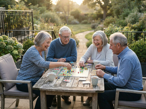 Four older friends playing a board game on a stone patio among hydrangeas