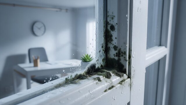 Visible black mold growth spreading across white window frames inside a damp office room with water condensation droplets on glass surfaces during a humid day