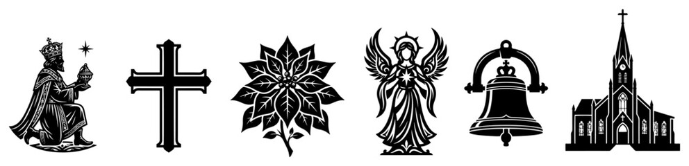 Fototapeta premium Christian Christmas symbols set with wise man angel cross and church in black silhouette style