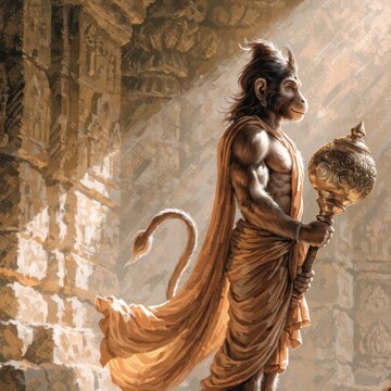 Hanuman standing with a gada in a historic temple setting  