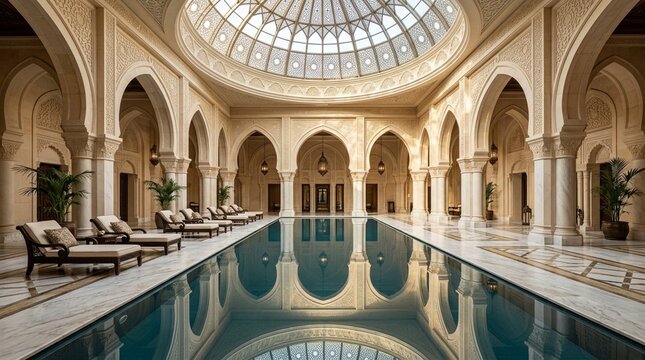 Luxurious Indoor Pool Oasis: Arabian Architecture, Tranquil Relaxation