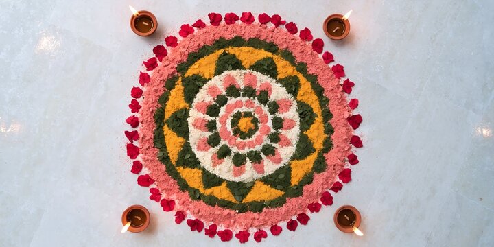 Colorful rangoli design with flower petals and candles for festive diwali decoration and celebration