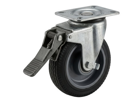 Swivel industrial caster wheel with locking brake mechanism isolated on transparent background for heavy duty equipment mobility solutions
