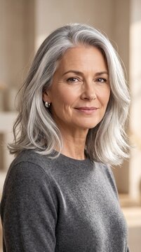 Elegant older woman with shoulder-length gray hair in cozy interior  