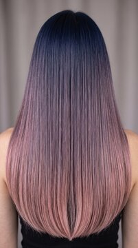 Hair color transformation from navy to violet and pink in long straight hair  