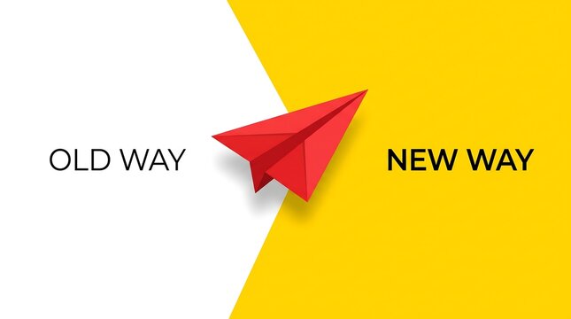 Red paper airplane crossing from white background to yellow background with text old new way with split colored background