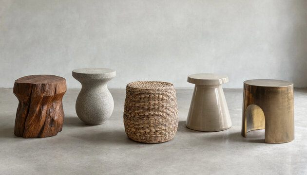 Collection of five unique side tables made from different including wood, stone, woven grass, ceramic, and brass on a concrete floor