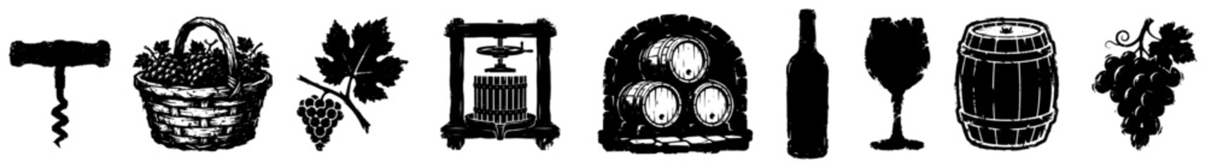 Obraz premium Winemaking and vineyard icons set with barrels grapes and wine bottle in silhouette style