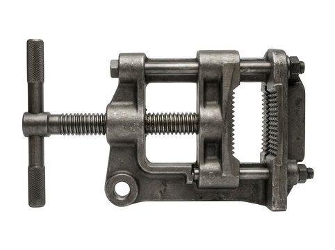 Heavy duty cast iron bench vise for metalworking isolated on transparent background showing rugged texture and industrial design features