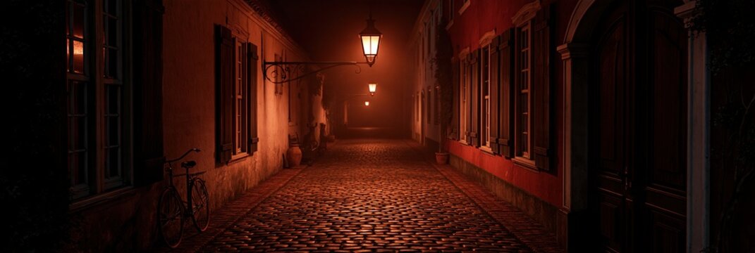 Cobblestone alleyway at night with gas lamps
