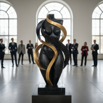 Abstract Black Marble Female Torso Sculpture with Gold Spiral in Modern Gallery