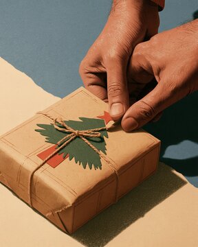 Christmas decoration on a kraft paper parcel, with hands pressing a fold into a handmade gift mockup and copy space for festive branding