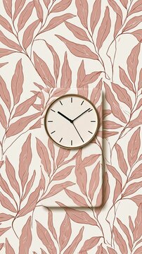Abstract botanical pattern with muted rose leaves on a bone background, featuring a minimalist clock for a social media template