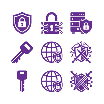 Cybersecurity, data protection, network security, lock and shield icon set