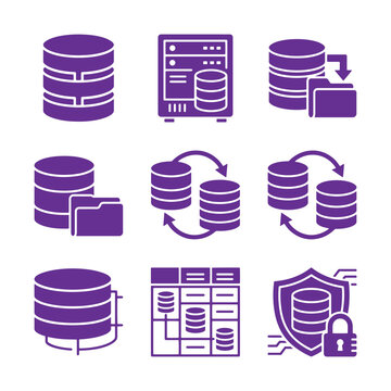 Database storage, cloud server, data backup and security icon set