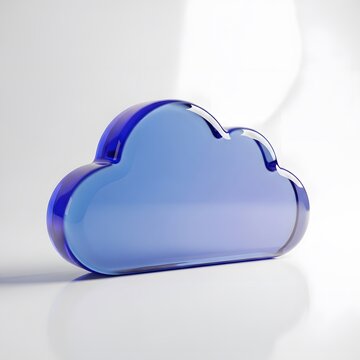 A vibrant blue glass cloud sculpture resting on a white surface with soft lighting and shadows