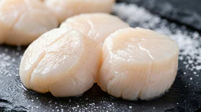 Fresh raw scallops arranged on a black stone plate with sea salt.